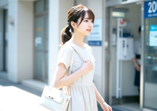 眼科に向かって歩いている女性