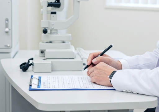 診察で問診票を書き込む医師