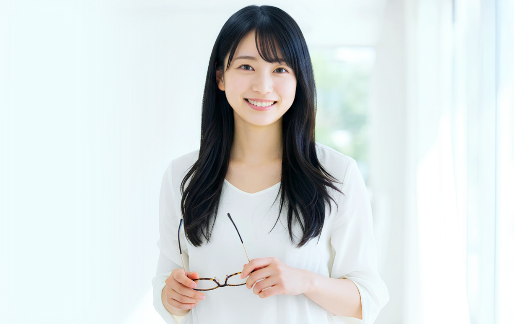 メガネを持つ20代の女性