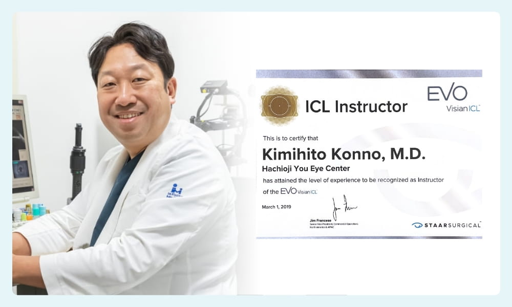 今野院長とICLインストラクター認定証